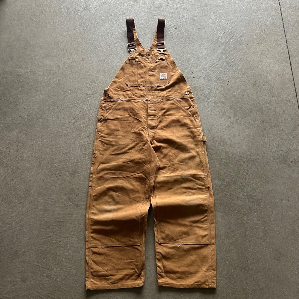 Vintage 80s Carhartt Overalls Size 38x30 Tan Duck Canvas Carpenter Workwear 1989